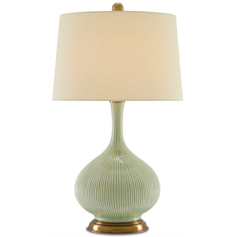 Cait 1-Light Table Lamp in Grass Green & Antique Brass with Tan Sand Linen Shade