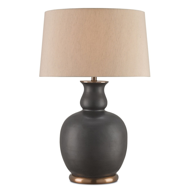 Ultimo 1-Light Table Lamp in Matte Black & Antique Brass with Beige Poplin Shade