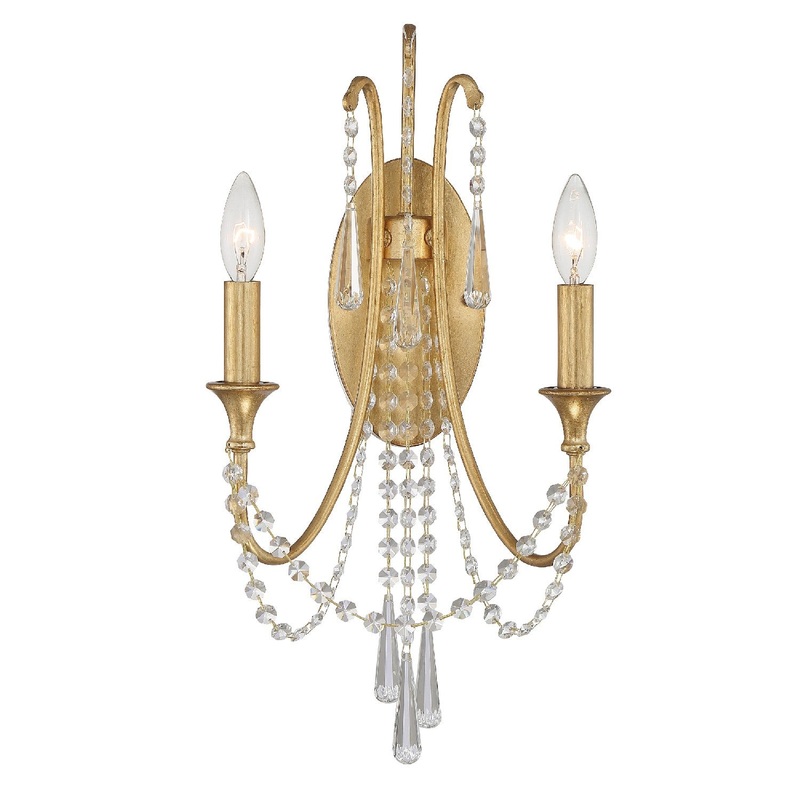 Arcadia 2-Light Wall Mount in Antique Gold with Hand Cut Crystal