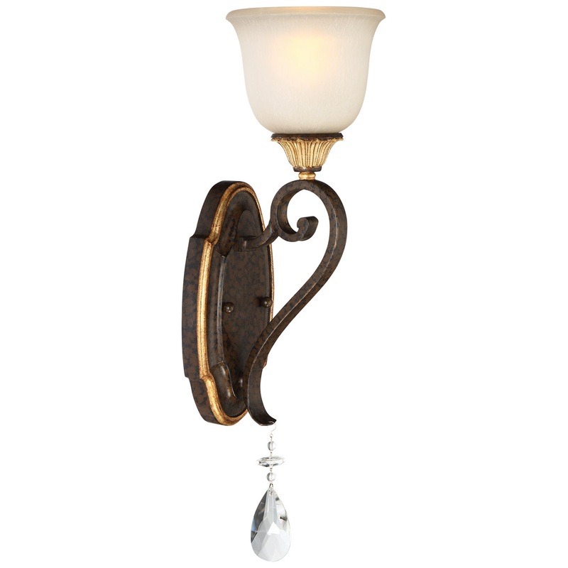 Chateau Nobles 1-Light Bath Sconce in Raven Bronze with Sunburst Gold with Driftwood Glass