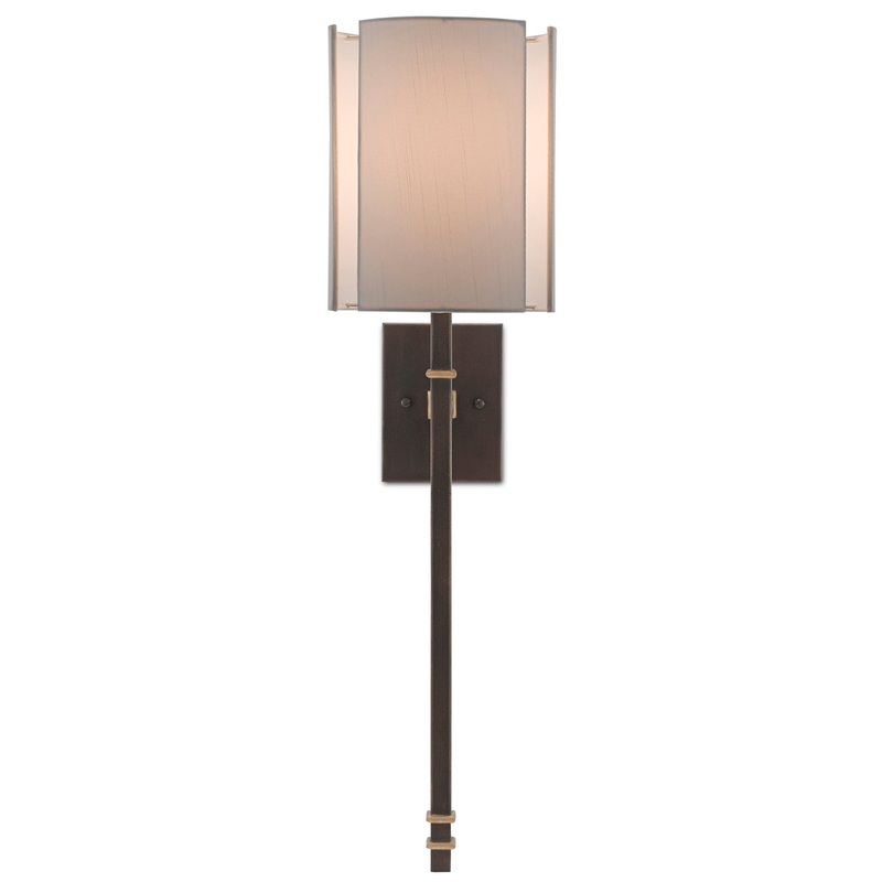 Rocher 1-Light Wall Sconce in Hand Rubbed Bronze & Contemporary Gold Leaf with Off-White Shantung Shade