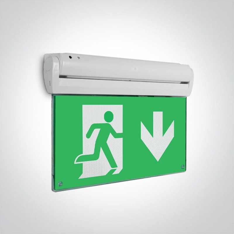 White 1,8W LED Wall and ceiling Exit sign, IP20.Supplied with non-dimmable LED driver.  One Light SKU:89410/W