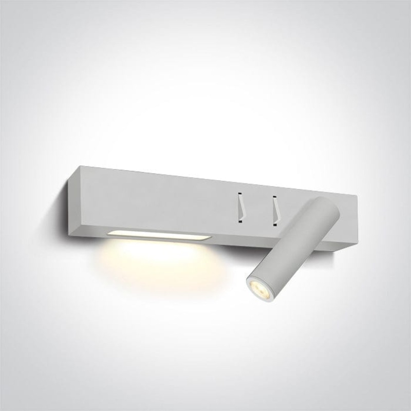 White 3W LED + 6W right side light bedside adjustable fitting with 2 switches, IP20. Complete with 500mA and 700mA drivers. One Light SKU:65146A/W/W