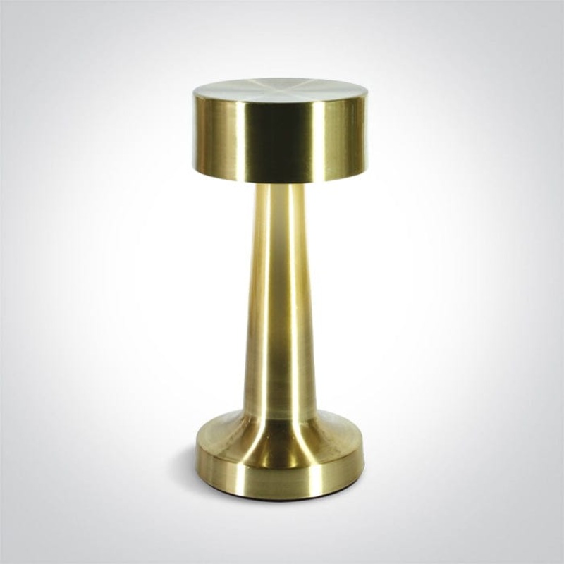 Brushed Brass Rechargeable 3-step dimmable table lamp suitable for indoor/outdoor use, IP54.Charging time 2,5HrsWorking time 8Hrs (100%)1x2000mAh lithium battery  One Light SKU:61102/BBS